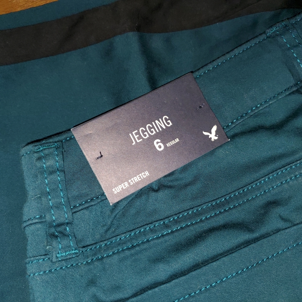 NWT Women's American Eagle Tuxedo Pants - Peacock Blue with Black Leg Stripe - Picture 3 of 7